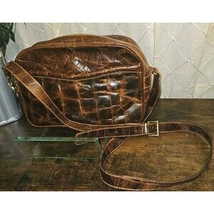 Furla Brown Cognac Vintage Crocodile Embossed Leather Crossbody Bag Top Zipper